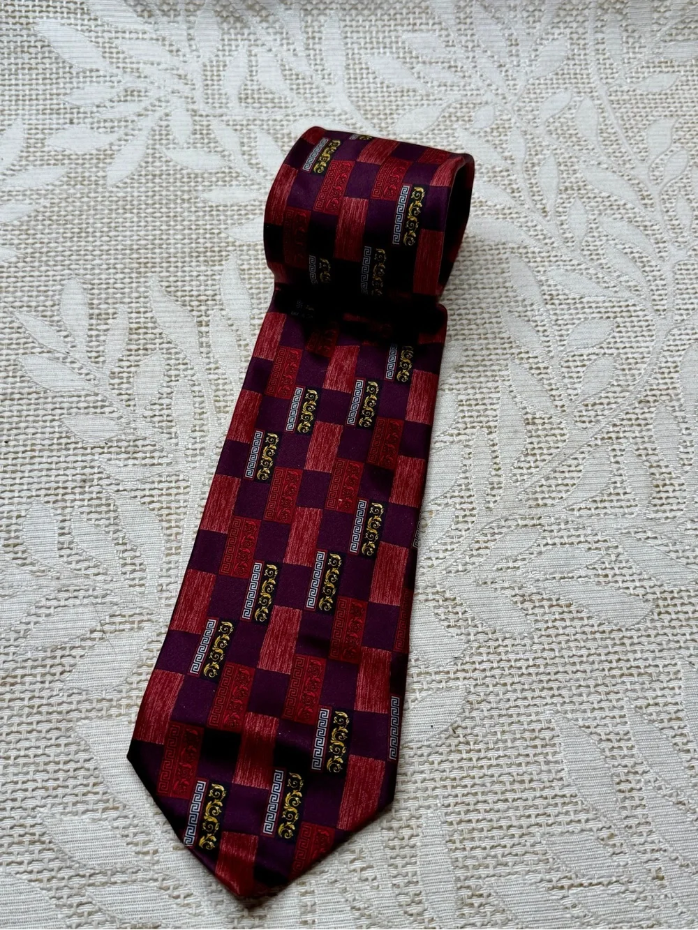 Versace Men's Burgundy and Black Checkerboard Silk Tie with Gold Accents vintage
